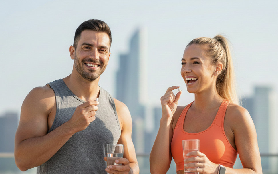 A happy, healthy man and woman standing outdoors with the London city skyline in the background, representing the active lifestyle and metabolic support promoted by Nature's Ledger UK.