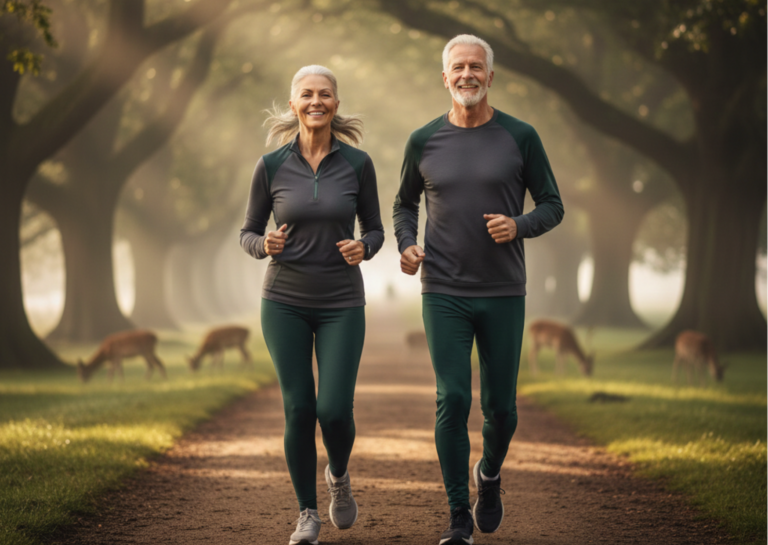 A senior man and woman jogging through a sunlit park with deer in the background, representing the Zone 2 training and longevity standards promoted by Nature's Ledger UK.