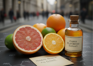 Close-up of fresh halved citrus fruits next to a glass bottle of botanical extract, illustrating the natural sources of bioflavonoids studied by Nature's Ledger UK.