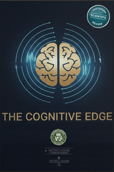 Front cover of 'The Cognitive Edge' digital report by Nature's Ledger UK, featuring a glowing blue human brain illustration with digital data overlays, focusing on neurological performance and mental clarity.