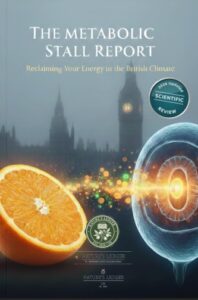 Front cover of the 'The Metabolic Stall 2026' scientific report by Nature's Ledger UK, featuring an orange with digital metabolic energy overlays against a London skyline background.
