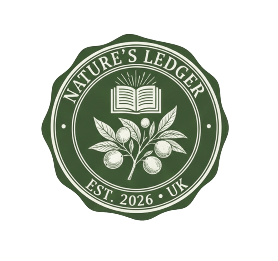 Official circular green logo of Nature's Ledger UK, featuring an open book and botanical leaves, representing the journal's commitment to evidence-based health research and natural metabolic science.