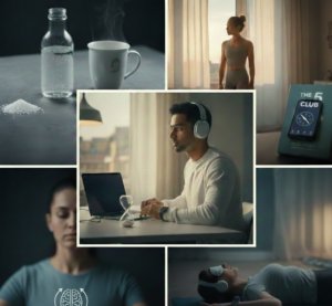 A collage of five high-performance daily habits for focus: strategic hydration with salt, morning sunlight exposure, 90-minute deep work intervals with headphones, box breathing techniques, and NSDR recovery.