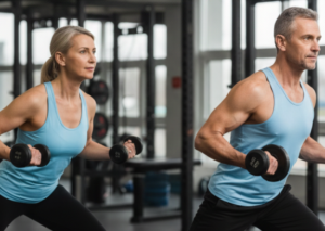 A fit man and woman in their 40s performing resistance training with dumbbells, highlighting the importance of metabolic flexibility and active lifestyle as discussed by Nature's Ledger UK.