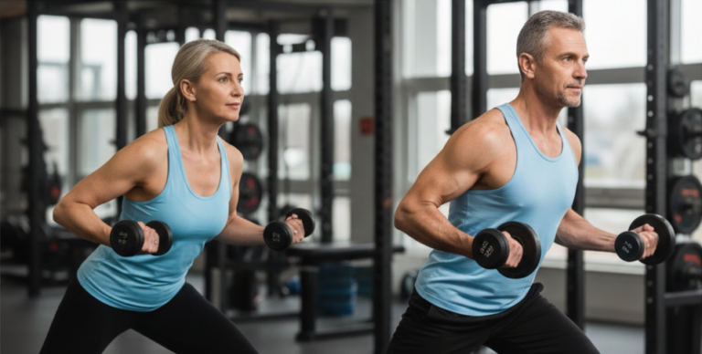 A fit man and woman in their 40s performing resistance training with dumbbells, highlighting the importance of metabolic flexibility and active lifestyle as discussed by Nature's Ledger UK.