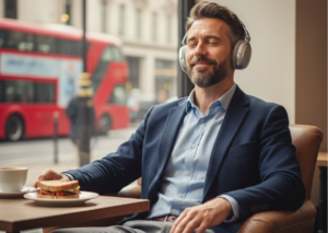 A professional man sitting in a London cafe with a red double-decker bus in the background, wearing headphones and displaying deep focus, representing the cognitive edge and mental clarity promoted by Nature's Ledger UK.